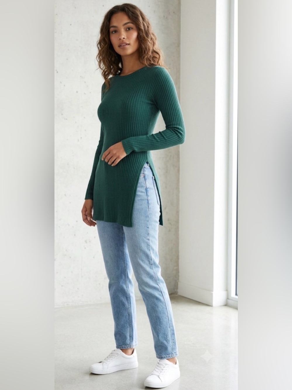 Dark Olive Green Ribbed Oversized Blouse Side Slits Size S (Ribbed)